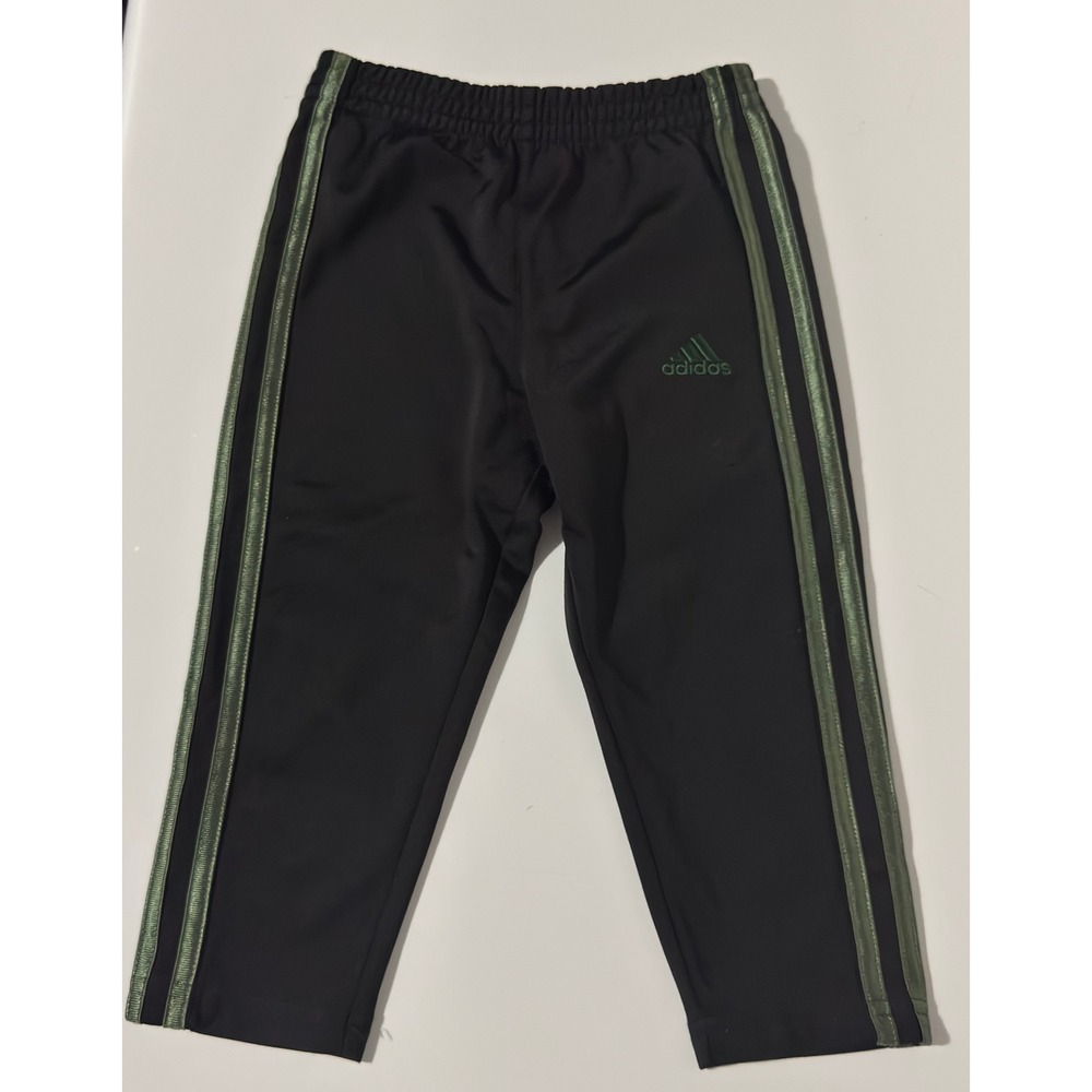 Adidas Kids Track Pants Black Metallic Green Stripes Athletic Joggers Size 4T